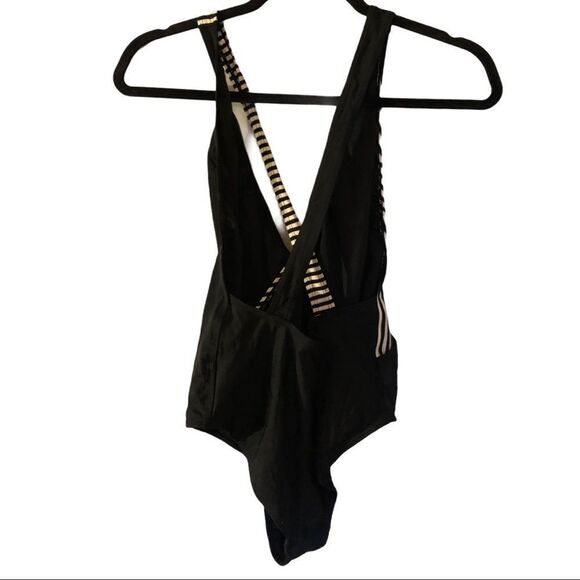Topshop Swimsuit Womens 6 Black Striped Crossback Monochrome V Neck - Picture 4 of 6